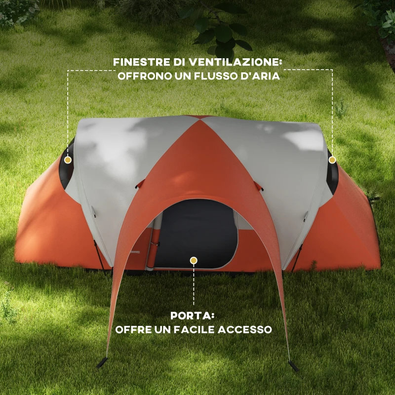 Outsunny Tenda da Campeggio 5-6 Posti con Portico, Impermeabile 3000mm con Borsa di Trasporto, Arancione