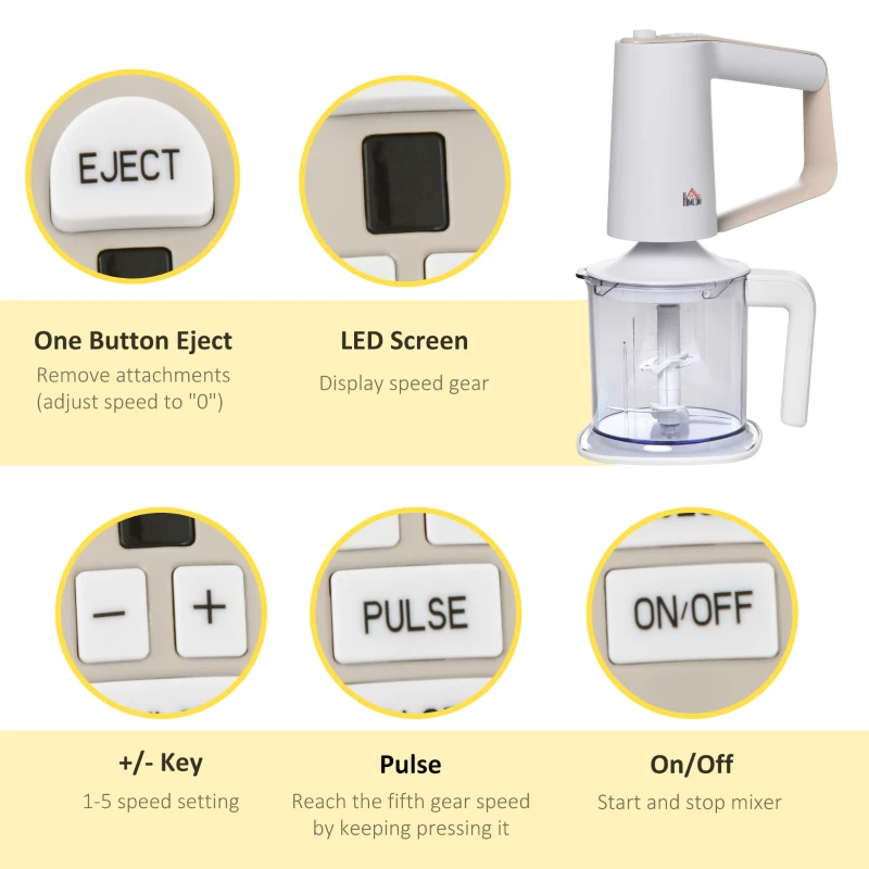 HOMCOM 5-In-1 Hand Mixer 500W Electric Whisk Five Speed w/ Stainless Steel Dough Hook Beater Blender Chopper for Kitchen Baking - White