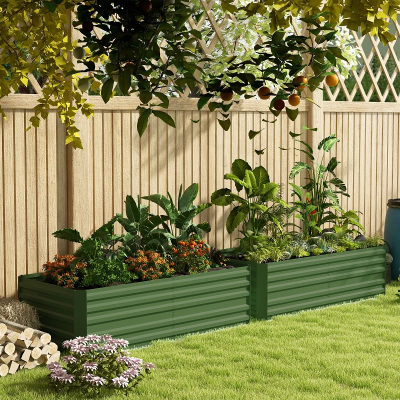 Outsunny Set of 2 Raised Beds for Garden, Galvanised Steel Outdoor Planters with Multi-reinforced Rods for Vegetables, Plants, Flowers and Herbs, 180 x 90 x 59 cm, Green