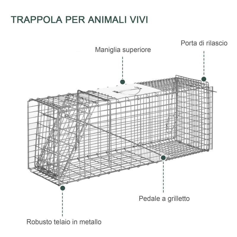 Outsunny Gabbia Trappola per Animali Vivi Pieghevole in Acciaio, 81x26x34.5cm, Argento