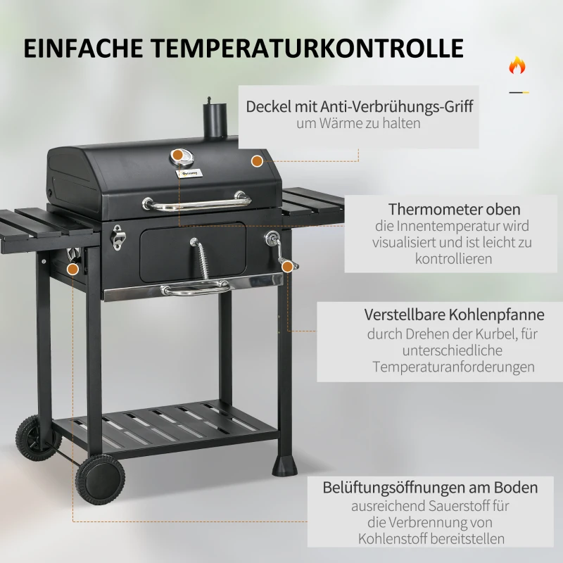 Outsunny Kohlegrill BBQ-Grill Smoker, inkl. Thermometer, Flaschenöffner, 120 x 64 x 114 cm, Schwarz