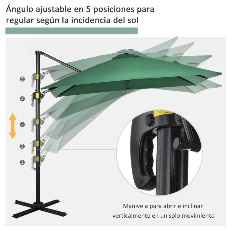 Outsunny Sombrilla de Jardín de Aluminio Parasol Excéntrico con Manivela y Poste Giratorio e Inclinable 245x245x248 cm Verde