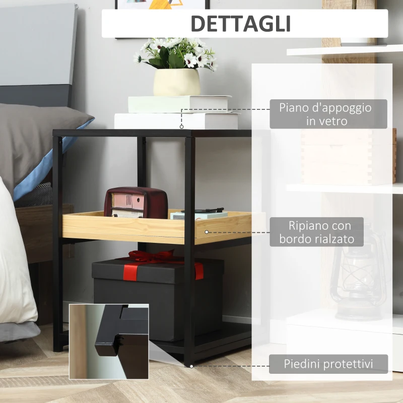 HOMCOM Tavolino da Caffè a 3 Ripiani, Ripiano in Vetro, Mensola in Legno, Struttura in Acciaio, 40x40x55cm