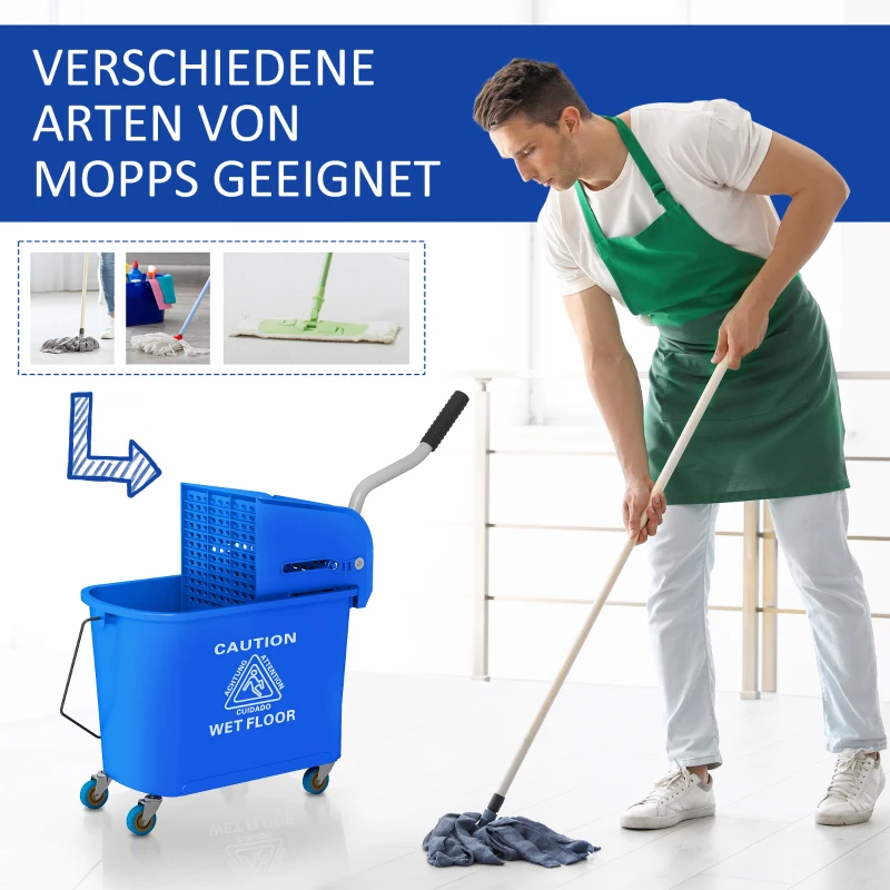 HOMCOM 20 L Mopp-Eimer mit Auswringer und Griff, Wischmopp-Eimer auf Rädern, Kunststoff, Blau