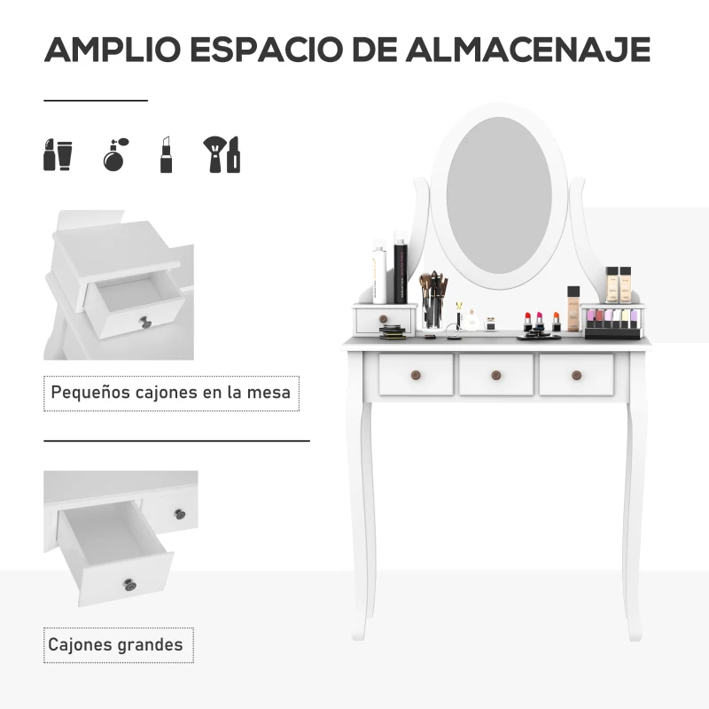HOMCOM Tocador + Taburete y Espejo Mesa Maquillaje 5 Cajones Blanco Negro Mesa MDF (Blanco)