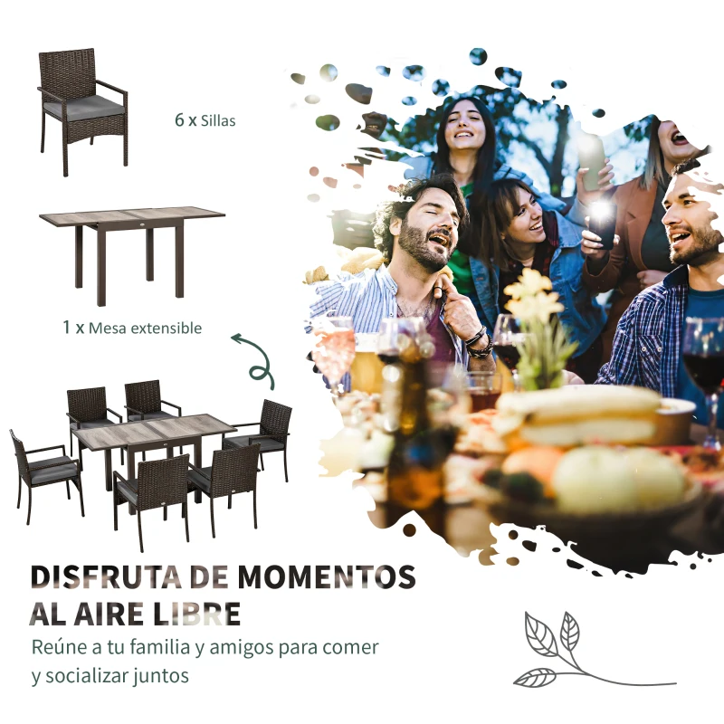 Outsunny Conjunto de Muebles de Ratán Sintético de Jardín 7 Piezas Mesa Extensible y 6 Sillas para Terraza Patio Marrón