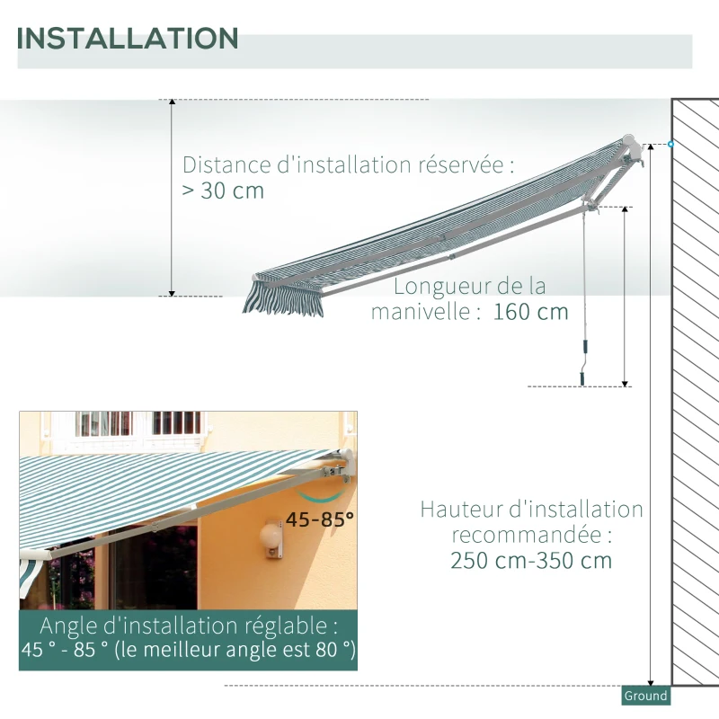 HOMCOM Store Banne Auvent Manuel de Jardin terrasse Store Angle Réglable Aluminium Retractable 4L x 3l m Vert et Blanc
