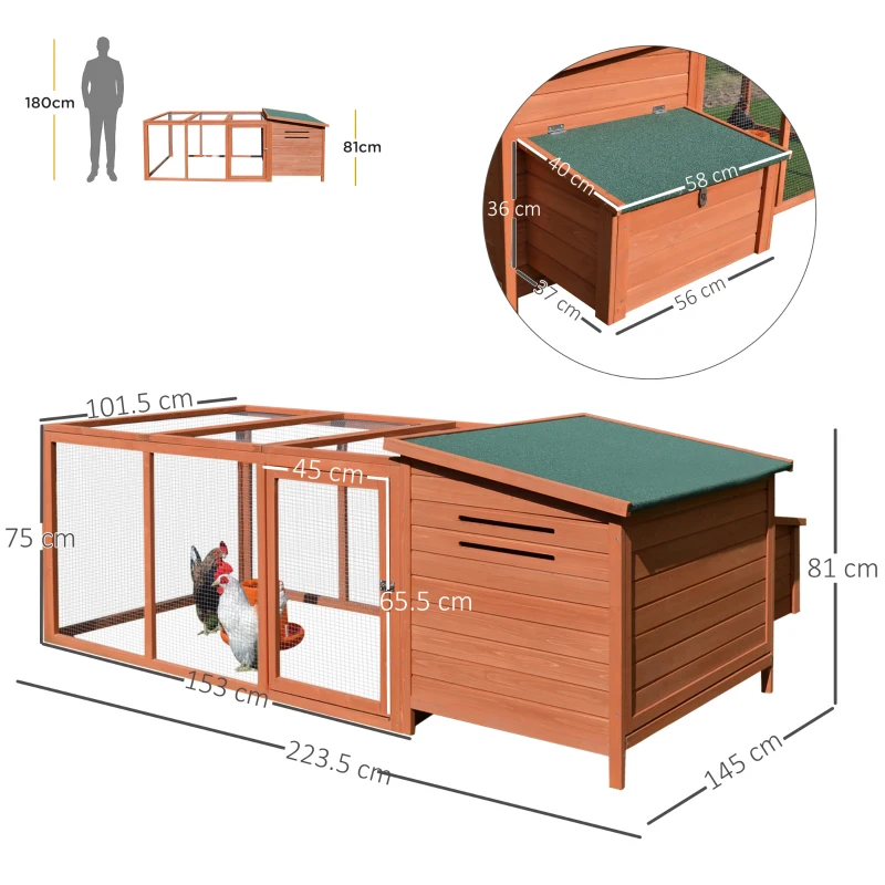 PawHut Pollaio Ovaiole in Legno, Gabbia per Galline con Ampio Spazio Esterno, Casetta con Tetto Apribile e Nido per Cova, 223.5x145x81 cm