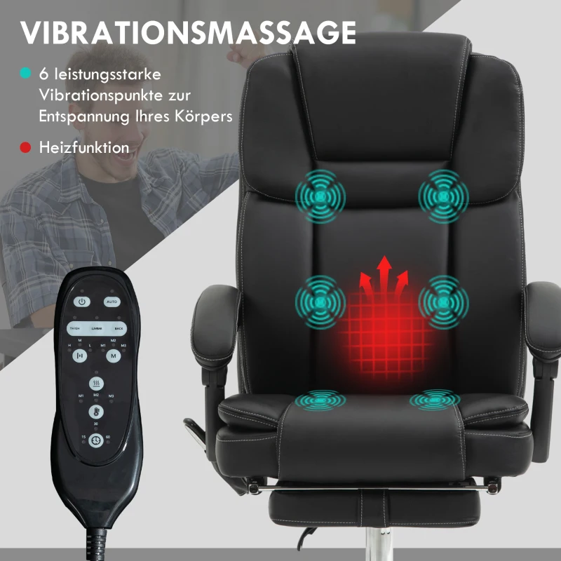 Vinsetto Verstellbarer Bürostuhl mit 6 Massagepunkten, Wärmefunktion, Fußstütze, Kunstleder, Schwarz