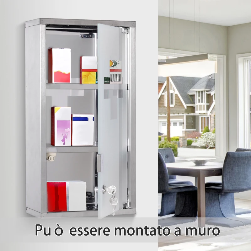 HOMCOM Armadietto Porta Medicinali, Pronto Soccorso Cassetta Medicine in Acciaio Porta in Vetro e 2 Chiavi 48x25cm