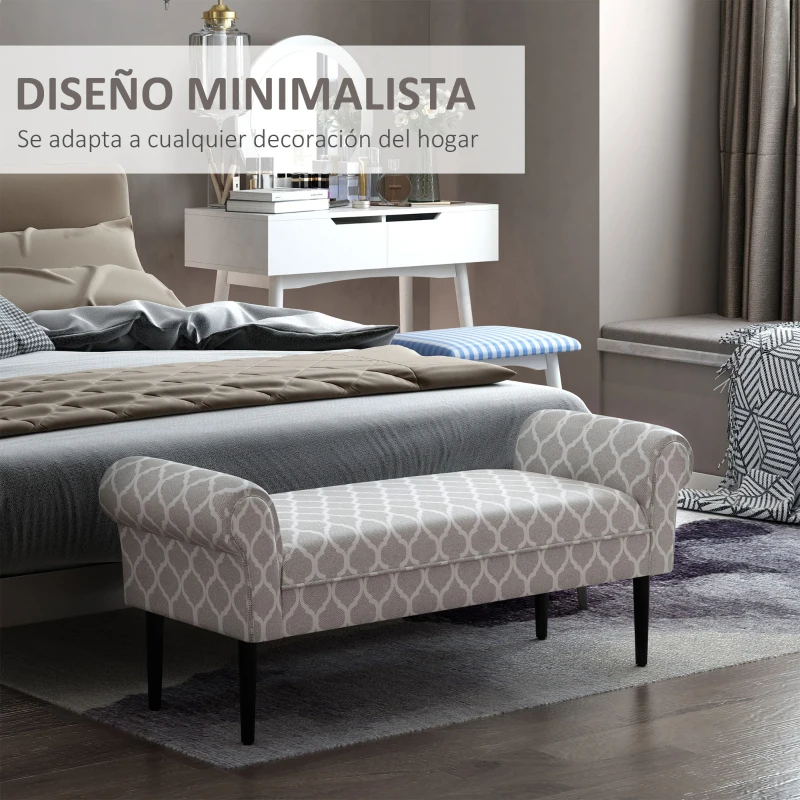 HOMCOM Banco Pie de Cama Banqueta para Dormitorio con Brazos Tapizada y Patas de Madera para Recibidor Salón 132x45,5x58 cm Gris Estampado