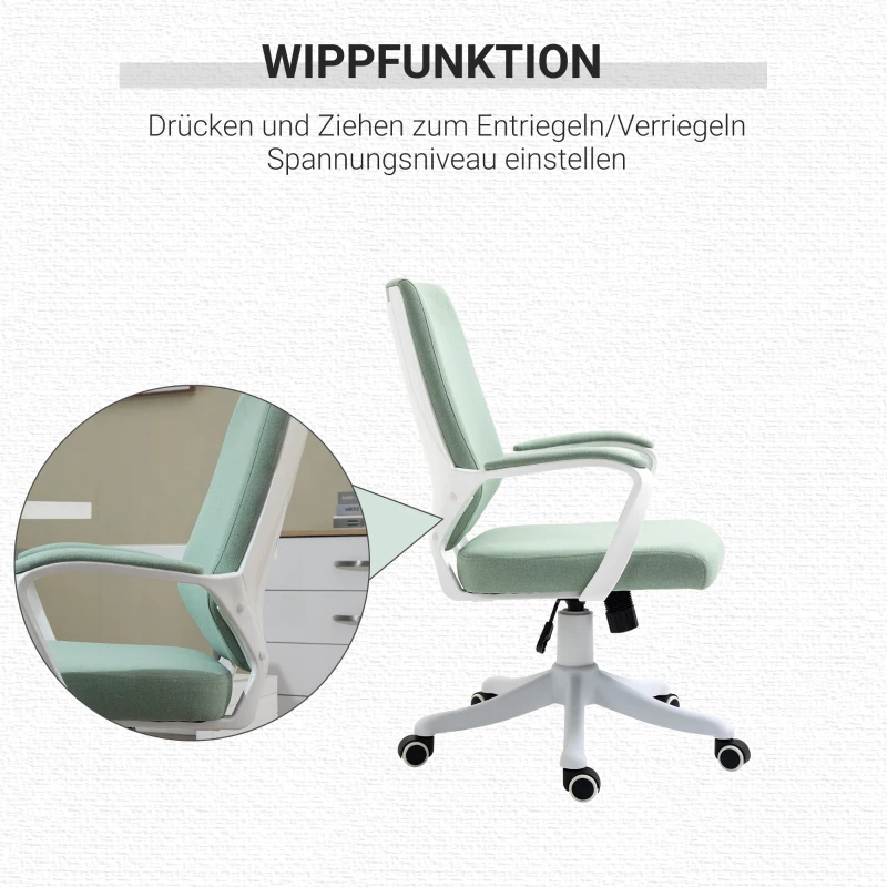 Vinsetto Bürostuhl Schreibtischstuhl Home-Office-Stuhl mit Wippenfunktion Rückenlehne höhenverstellbarer dick gepolstert ergonomisch 360°-Drehräder Polyester Nylon PP Grün+Weiß 62x69x92-100 cm