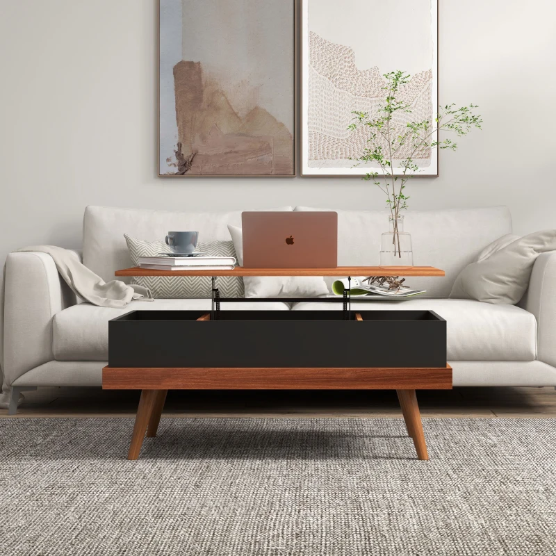 HOMCOM Mesa de Centro Elevable con 3 Compartimientos de Almacenaje Ocultos y Patas de Madera 100x79x54 cm Marrón y Negro(m-7)