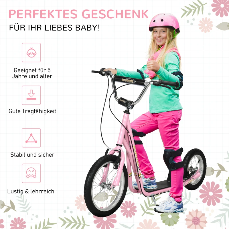 HOMCOM Kinderroller Scooter Tretroller Cityroller Kinder Roller Kickboard 16/12 Zoll Rosa 135 x 58 x 92-100 cm