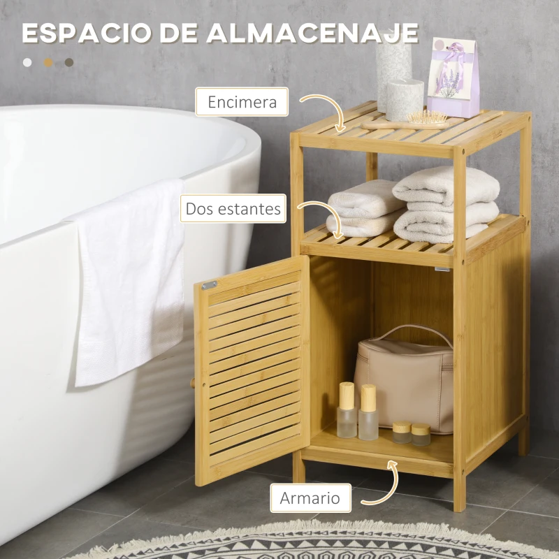 kleankin Estantería de Baño de Bambú Estantería de Almacenaje para Baño con 1 Puerta y Estante para Cocina 33x36,5x67 cm Natural