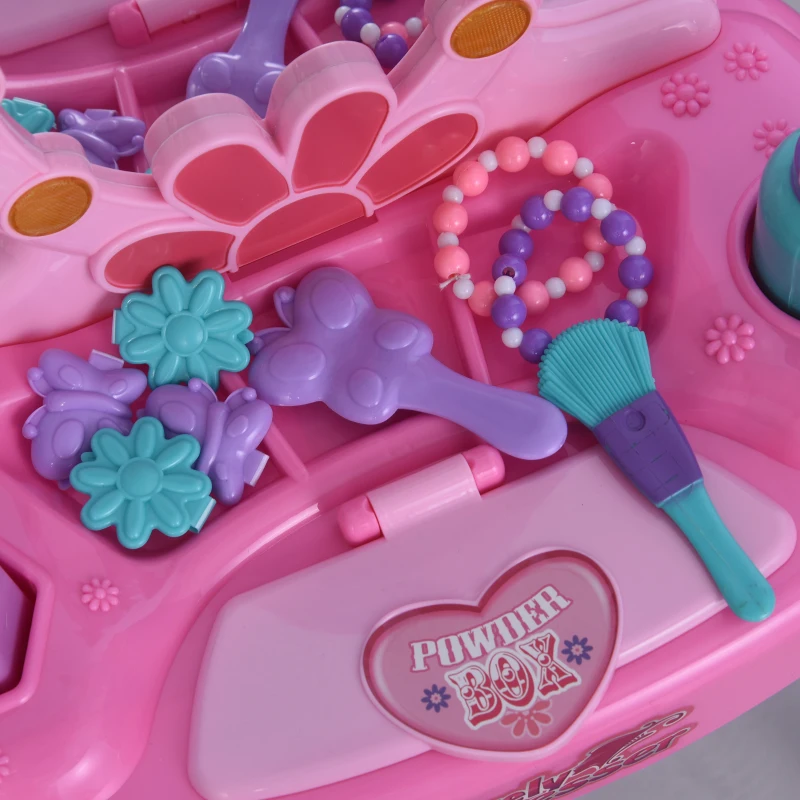 HOMCOM Kids Vanity Table Chair Set Beauty Makeup Dressing Table Pretend Play Set with Mirror Lights Sounds for Girls 3+ Years