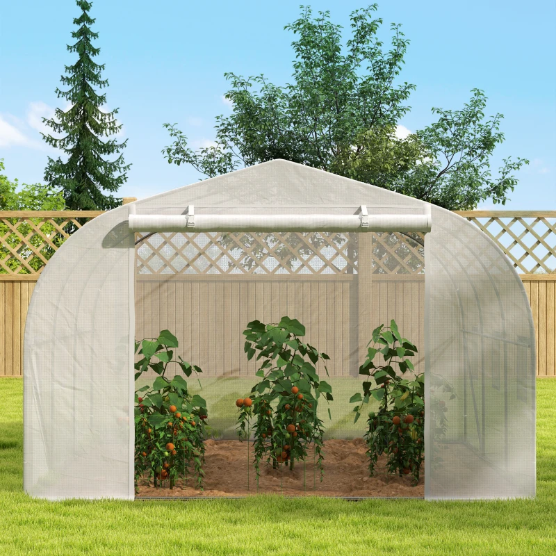 Outsunny Serre de jardin serre tunnel de Jardin dim. 3,5L x 3l x 2H m Porte + 6 fenêtres enroulables Acier galvanisé bâche PE Haute densité Blanc