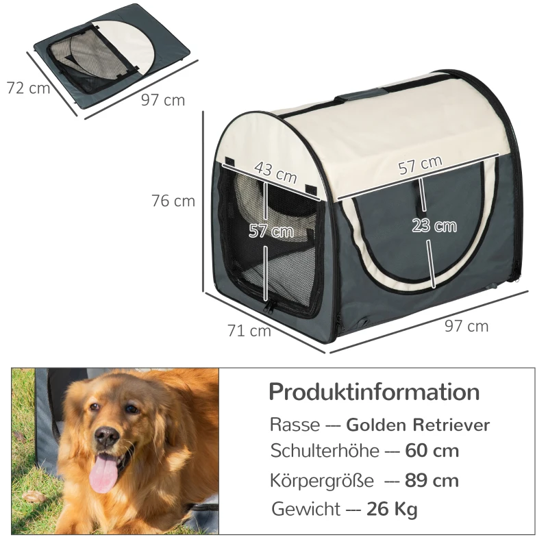 PawHut Hundebox faltbare Hundetransportbox Haustierrucksack mit Kissen Reisetasche Transportbox für Tier wasserdicht Oxfordstoff Dunkelgrau 97 x 71 x 76 cm