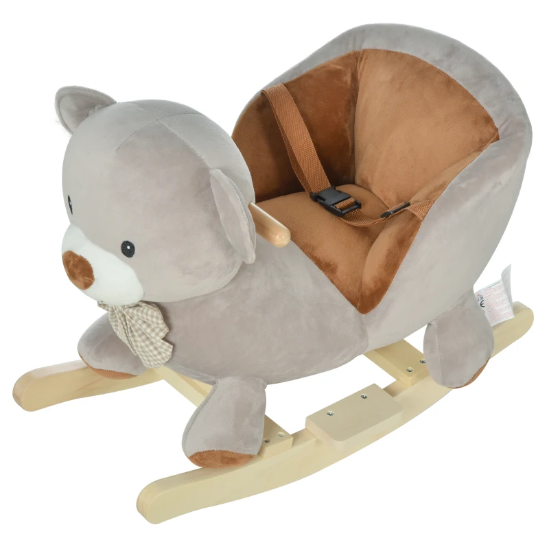 HOMCOM Caballito Balancín Infantil en Forma de Osito de Felpa para Bebés 18-36 Meses con Sonido y Cinturón 60x33x50 cm Gris
