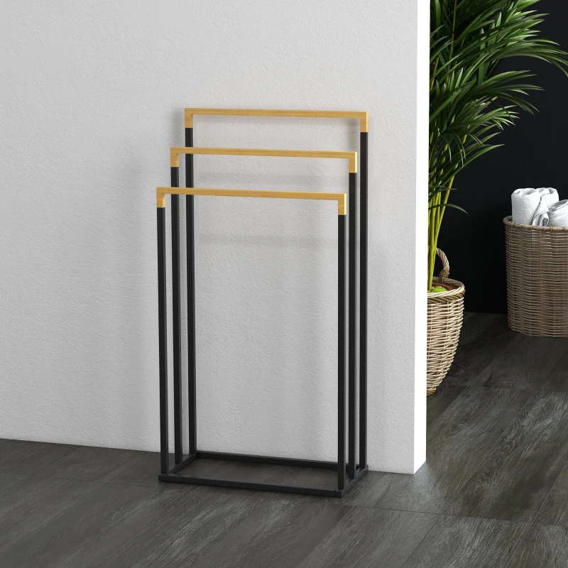 kleankin Porte-serviettes en bambou et acier sur pieds avec 3 barres support pour serviette 45 x 22,5 x 86 cm noir et naturel