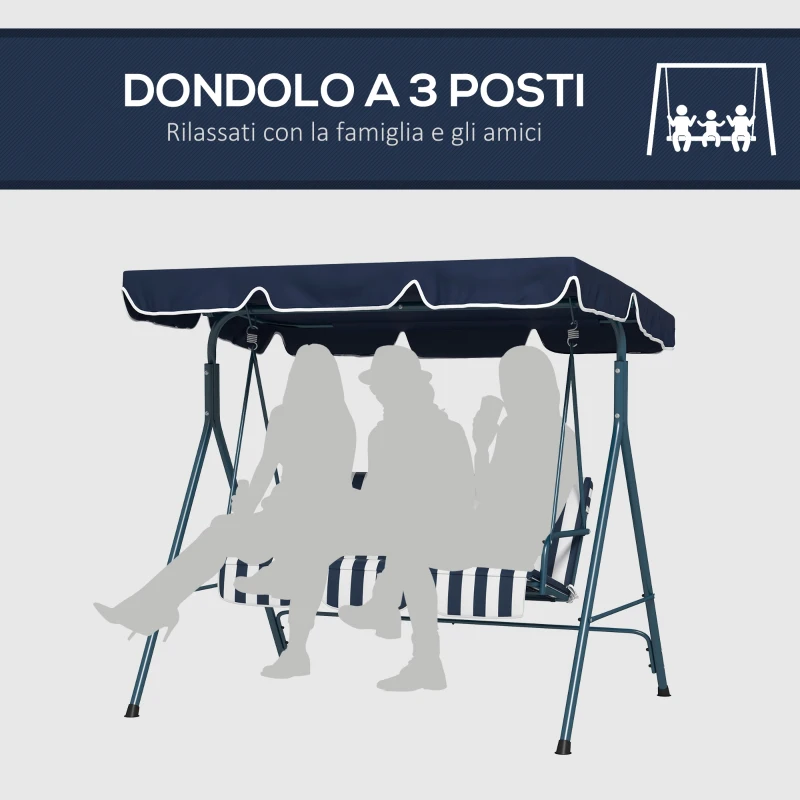 Outsunny Dondolo da Giardino 3 Posti con Tetto Parasole, in Acciaio e Poliestere, 172x110x153 cm, Bianco e Blu