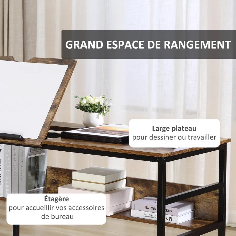 HOMCOM Table à dessin inclinable bureau informatique design industriel - plateau relevable, étagère - panneaux particules aspect vieux bois métal noir