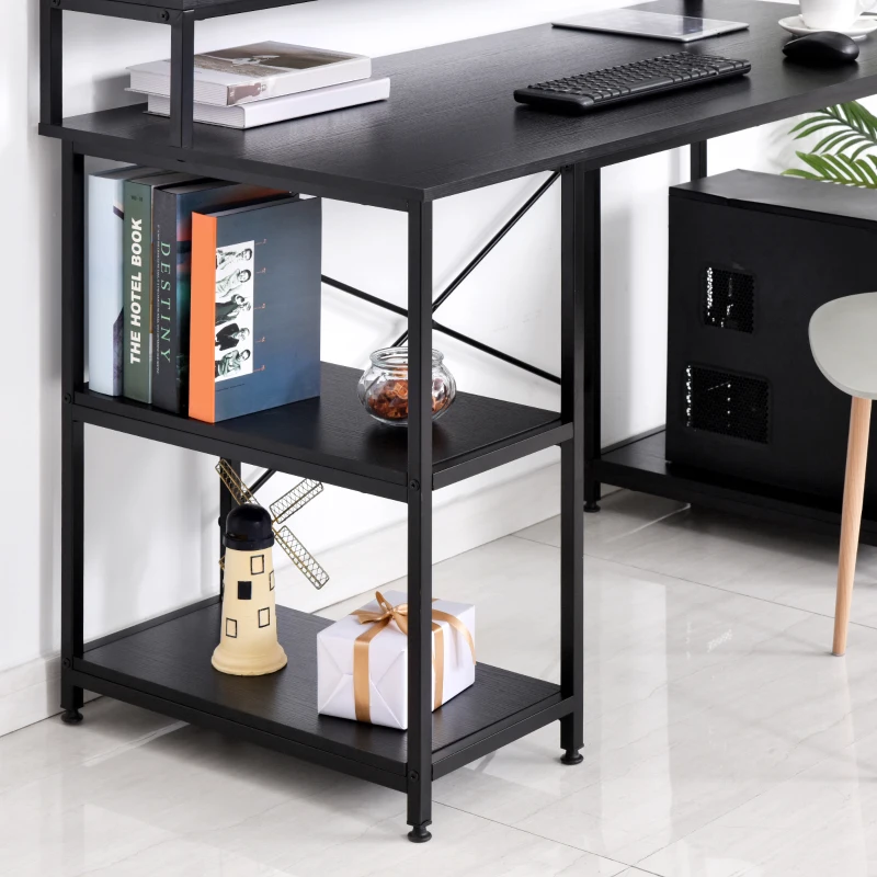 HOMCOM Mesa para Computadora Escritorio de Oficina Estudio con 3 Estantes Tabla Superior Patas con Almohadillas Ajustables Antideslizantes Marco Metálico 140x60x93 cm Negro