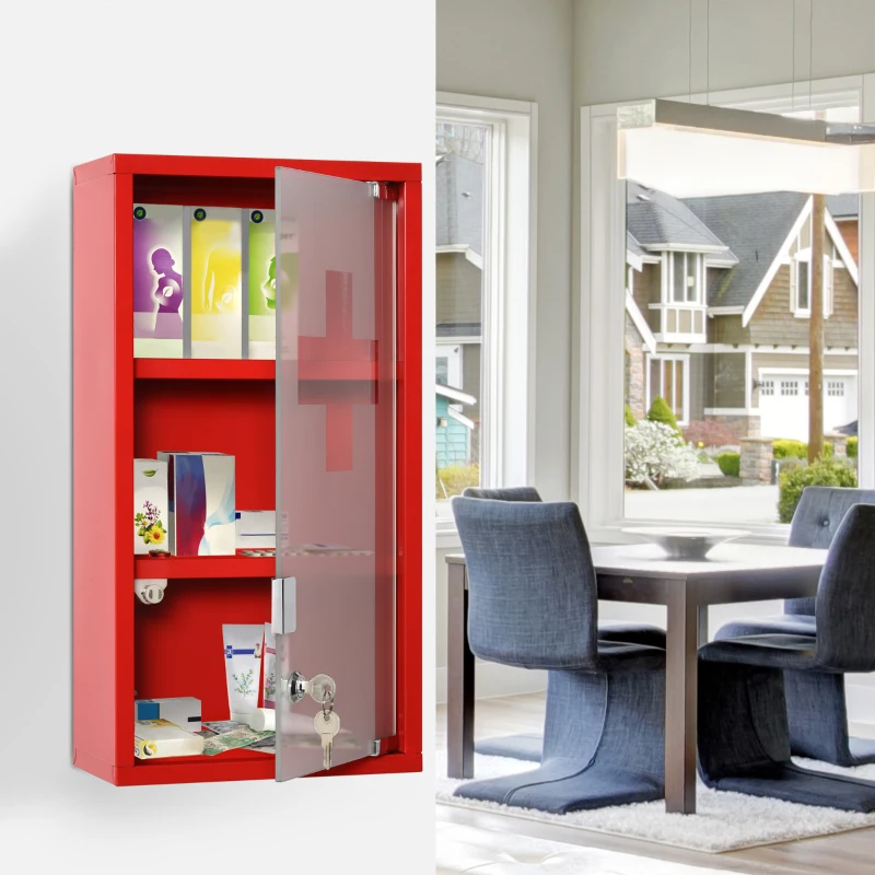 kleankin Armoire à Pharmacie 2 étagères 3 Niveaux verrouillable Porte Verre trempé dépoli Logo Croix 25L x 12l x 48H cm métal Rouge