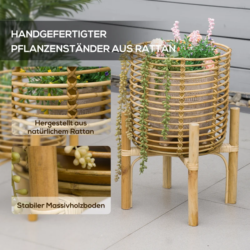 Outsunny 2er-Set Pflanzenständer, groß und klein, Körbe aus Rattan, Ständer aus Naturholz