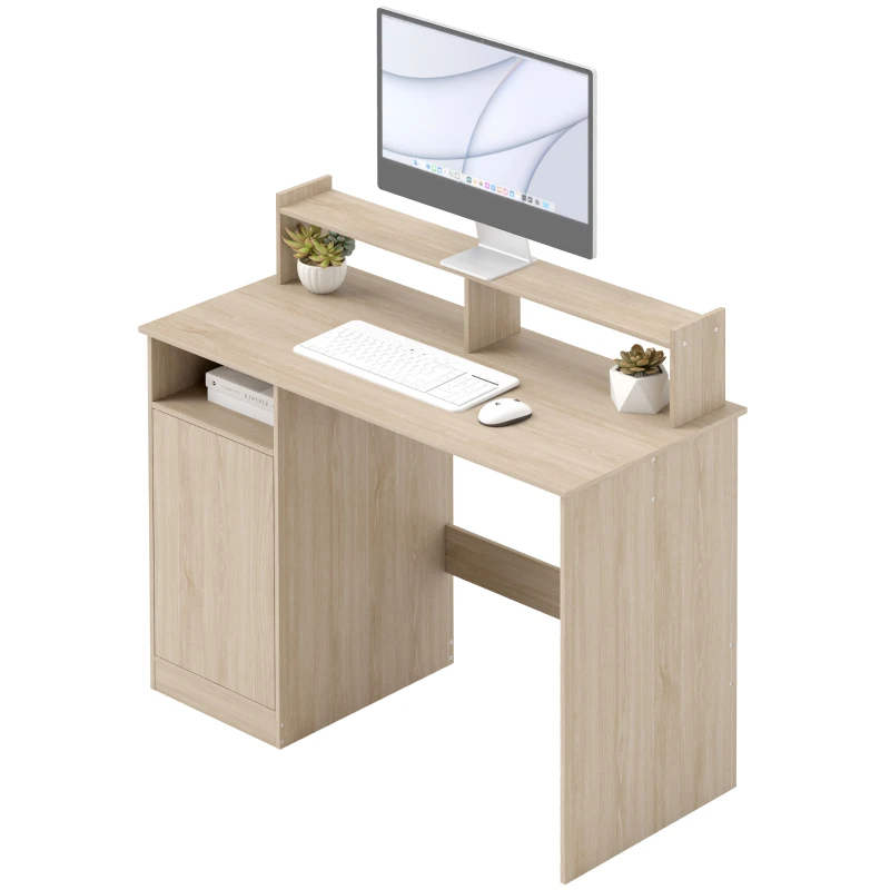 HOMCOM Escritorio con Estantería Moderno Escritorio con Compartimentos Abiertos Soporte para Monitor 108x50x94 cm Natural