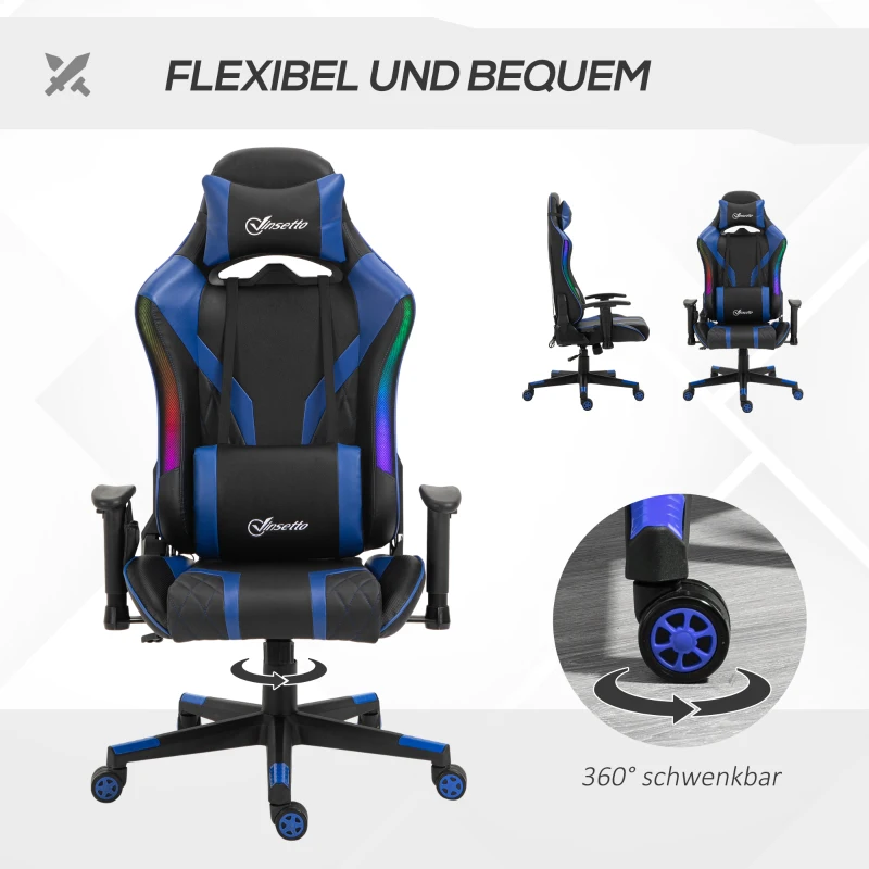 Vinsetto Bürostuhl LED Gaming Stuhl mit Armlehne, hoher Rückenlehne und Kissen ergonomischer Drehstuhl mit Liegefunktion Handlauf anhebbar Kunstleder Nylon Schwarz+Blau 70 x 57,5 x 126-136 cm