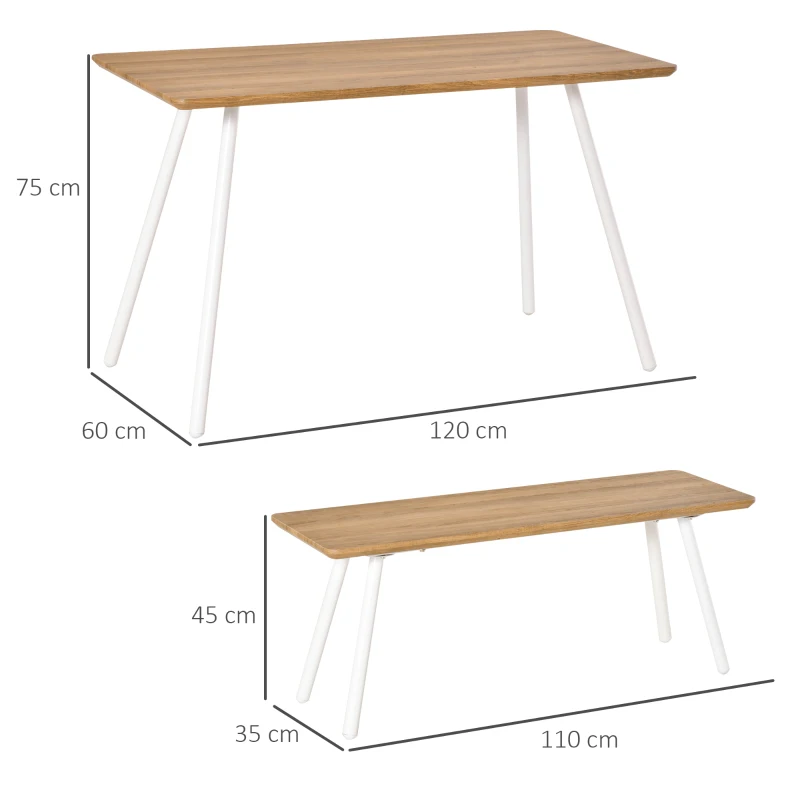 HOMCOM Essgruppe mit 2 Bänken Esstisch Skandinavischer Stil Esszimmergarnitur Sitzgruppe Tischgruppe MDF Metall Natur+Weiß120x50x75cm (Tisch) 110x35x45cm (Bank)
