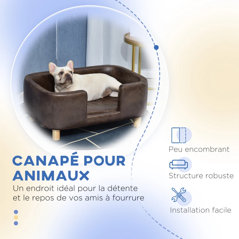 PawHut Canapé chien lit pour chien chat avec rebord coussin moelleux pieds bois massif dim. 74 x 48,5 x 31 cm revêtement micro-fibre chocolat