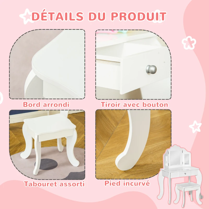 HOMCOM Coiffeuse Enfant avec Tabouret, Miroir triptyque et tiroir Coulissant - Coiffeuse dim. 63L x 40l x 85,5H cm - Blanc Acrylique