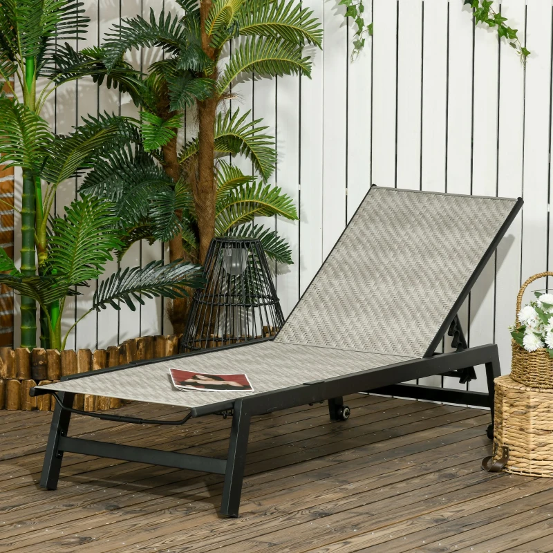 Outsunny Chaise longue bain de soleil en résine tressée imitation rotin avec roues dossier inclinable aluminium noir, gris