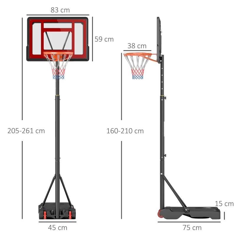HOMCOM Canasta de Baloncesto Ajustable de 205-261 cm Aro de Baloncesto Portátil con Soporte de Acero Base Rellenable y 2 Ruedas de Transporte para Niños y Adultos Rojo Negro