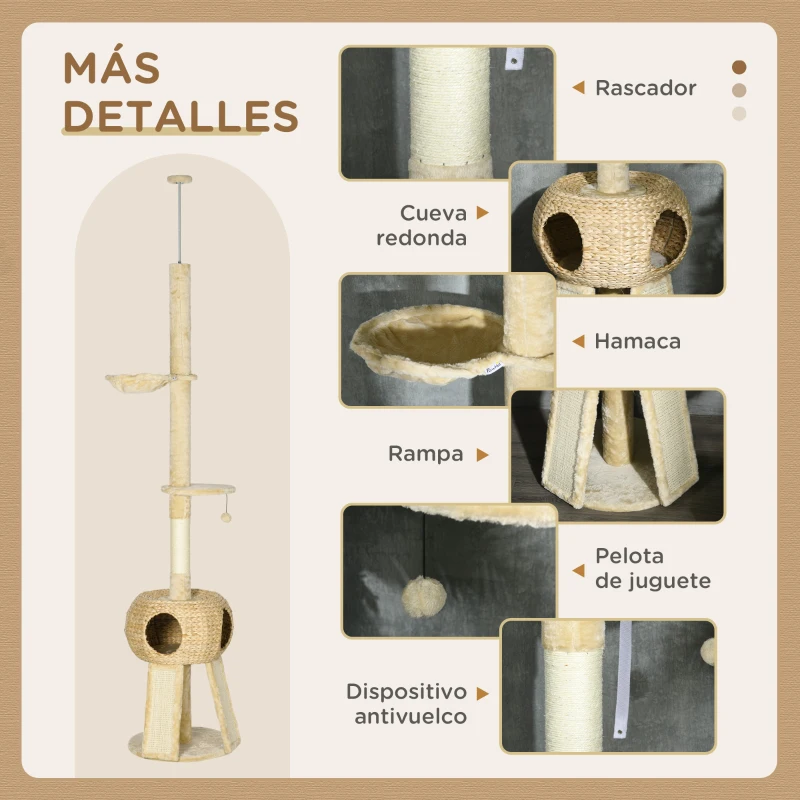 PawHut Árbol para Gatos de Suelo a Techo de 225-255 cm con Cueva Hamaca Postes Rampas y Bolas Ø48x225-255 cm Beige
