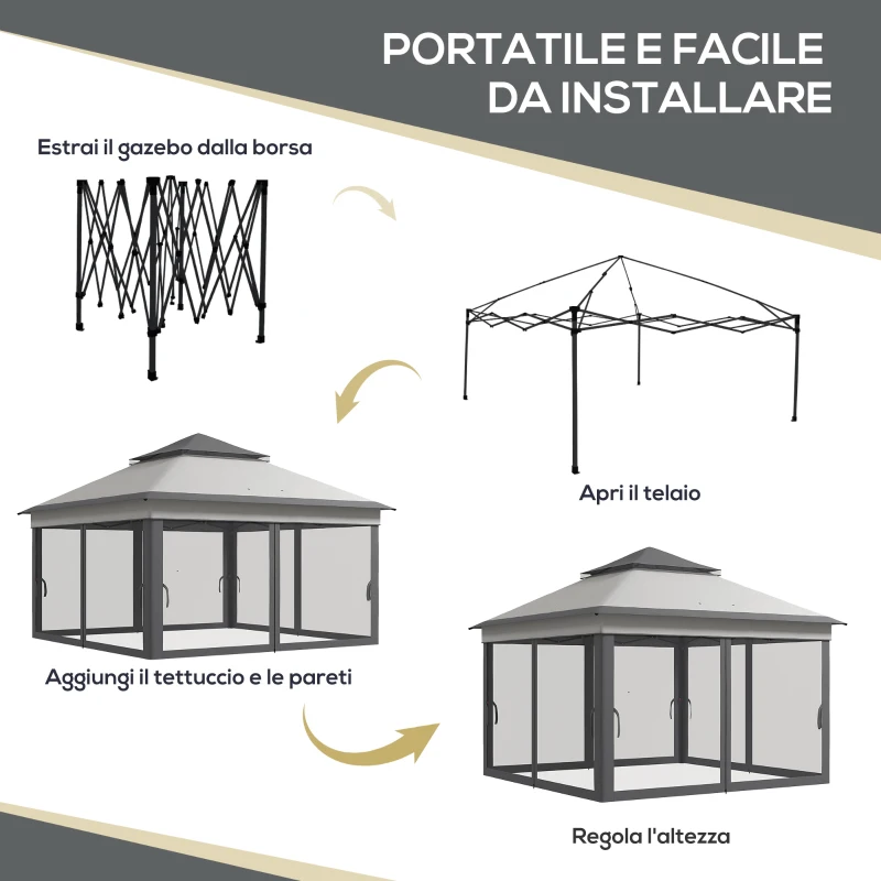 Outsunny Gazebo con Zanzariere Regolabile su 3 Livelli, in Acciaio e tessuto Oxford, 326x326x272 cm, Grigio Chiaro e Scuro