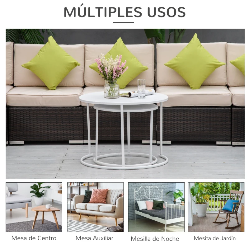 Outsunny Juego de 2 Mesas de Café Ø70x50 cm y Φ50x43 cm Mesitas Auxiliares Redondas de Metal para Jardín Salón Domitorio Carga Máxima de 25 kg Blanco