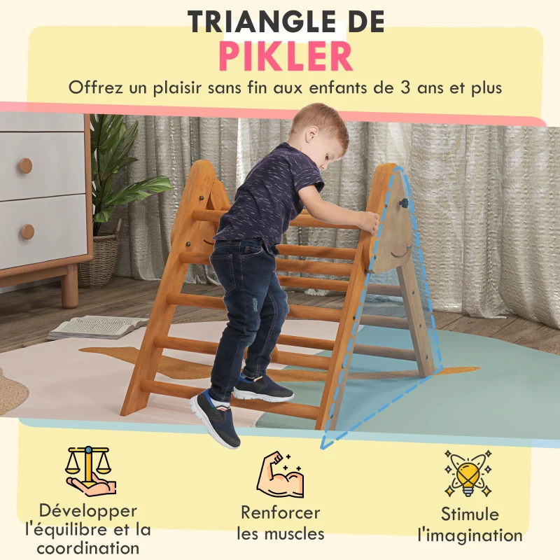 HOMCOM Triangle d'apprentissage à grimper pour enfants pliable en bois - 90 x 64 x 70 cm marron