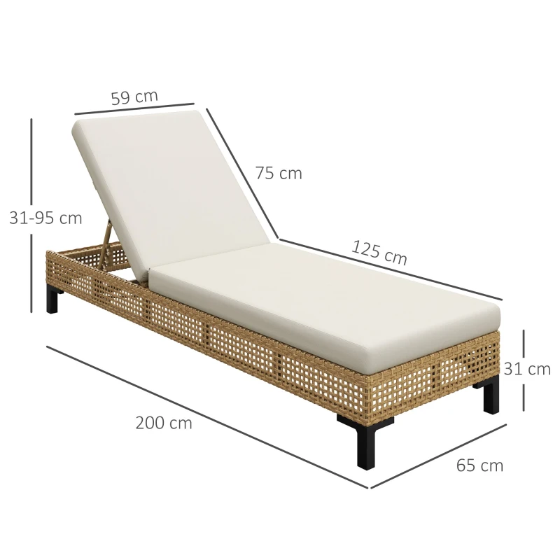 Outsunny Polyrattan Sonnenliege Gartenliege mit Kissen 3-stufig verstellbar Rattanliege Gartenmöbel Liege Stahl Natur 65 x 200 x 31 cm