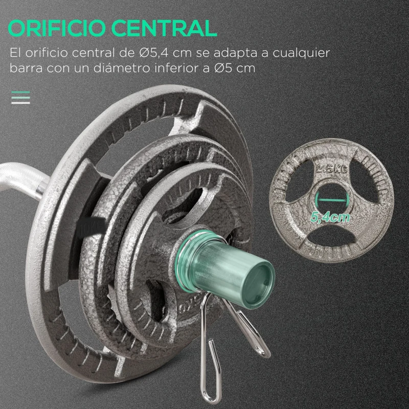 HOMCOM Juego de 6 Discos de Pesas de Acero Total de 35 kg 2x10 kg 2x5 kg 2x2,5 kg Discos Olímpicos con Orificio Central de Ø54 mm para Entrenamiento en Casa Gimnasio Plata