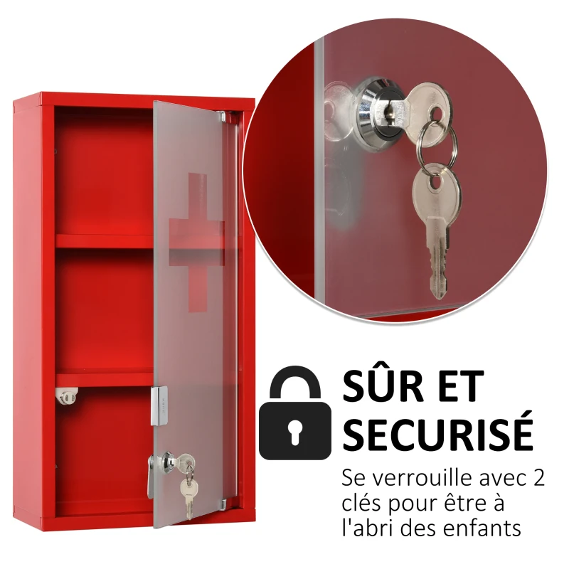 kleankin Armoire à Pharmacie 2 étagères 3 Niveaux verrouillable Porte Verre trempé dépoli Logo Croix 25L x 12l x 48H cm métal Rouge
