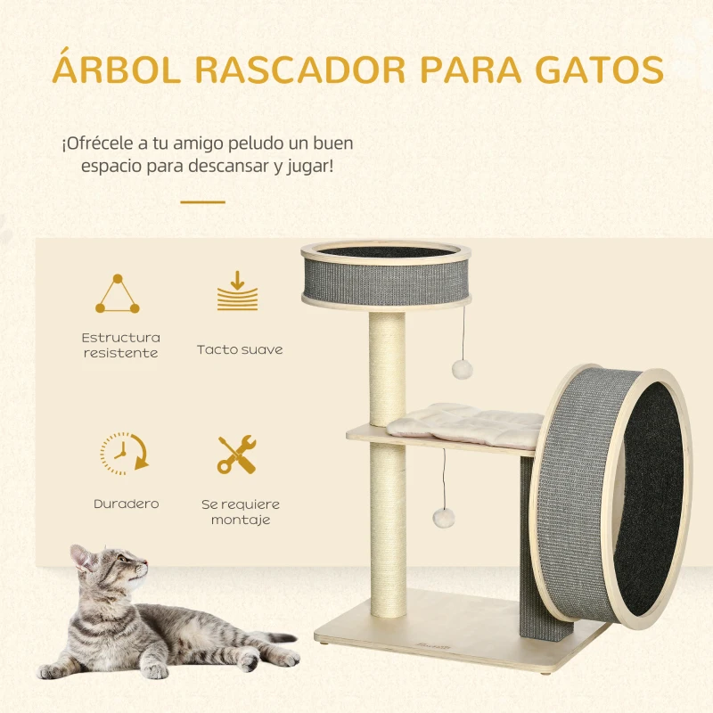 PawHut Árbol Rascador para Gatos Mediano Altura 91 cm Torre Escalador Gatos con Rueda para Ejercitar Cama Plataforma Cojines Poste de Sisal y Bolas de Juguete Gris y Crema