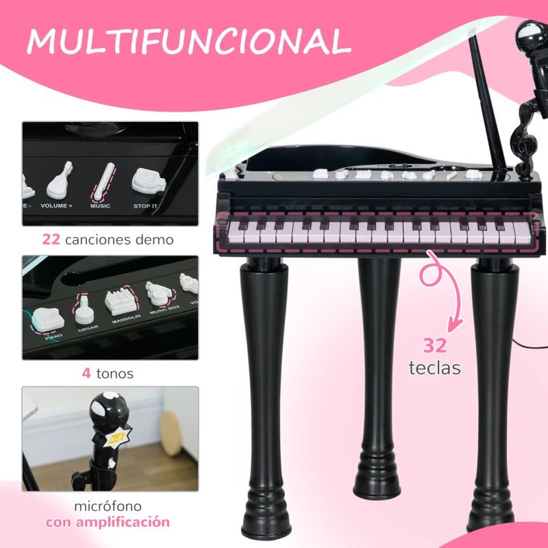 AIYAPLAY Juego de Piano Infantil de 32 Teclas con Micrófono Taburete Luces 22 Canciones y 4 Sonidos 37x30,5x60,4 cm Negro