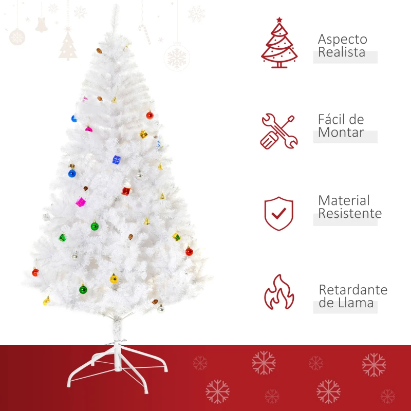 HOMCOM Árbol de Navidad Artificial 180 cm con 930 Ramas de Plástico 48 Decoraciones Incluidas Ø105x180 Blanco