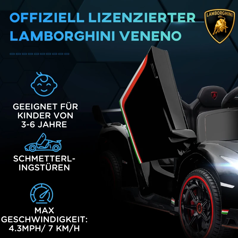 HOMCOM Elektro Kinderauto, lizenzierter Lamborghini Veneno, 3-7 km/h, Flügeltüren, Musikplayer, Fernsteuerung, Schwarz