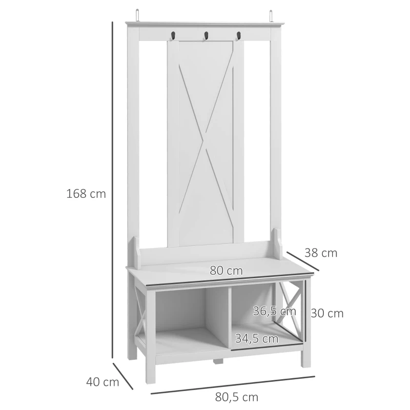 HOMCOM Perchero con Zapatero de Madera con 2 Estantes y 3 Ganchos para Colgar Ropas Bolsos 80,5x40x168 cm Blanco