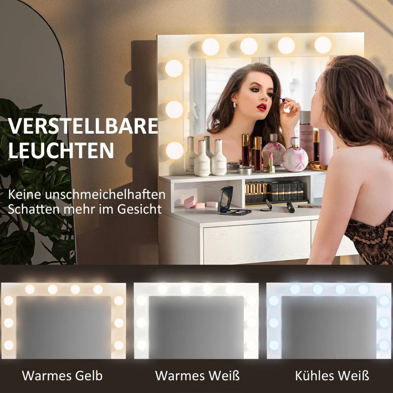 HOMCOM Frisiertisch mit beleuchtetem Spiegel, Schubladen, 3 Lichtoptionen, 10 Glühbirnen, moderner Schminktisch in Weiß