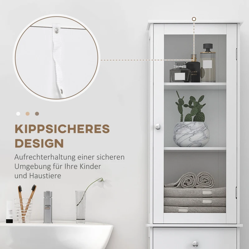 kleankin Badezimmerschrank, Badschrank, Vitrine, Küchenschrank mit Schublade, Regale, MDF, Acryl, 40 x 27 x 171,5 cm, Weiß